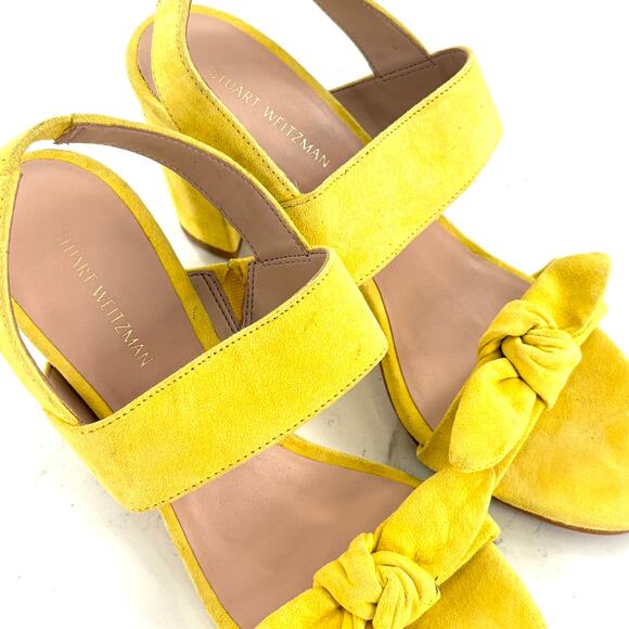 Stuart Weitzman Bandeau Heels 6 Yellow Suede Bow Sandals NWOT Travel Resort - Picture 4 of 6